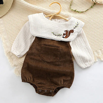 Infant Baby Girls Clothes Suit Long Sleeved Cotton Embroidered Shirt+Corduroy Jumpsuit Spring Autumn Children Clothing Suit