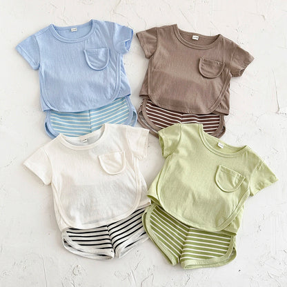 Toddler Baby Summer Casual Clothes Sets Solid Color With Pocket T-shirt Tops+Striped Triangle Shorts Boys Girls Clothes 2Pcs/Set