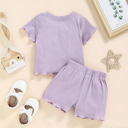 2025 Toddlers Baby Girls Summer Clothes Set Ruffle Ribbed Knit Short Sleeves T-Shirt Tops Shorts Casual Girls Outfits 2pcs