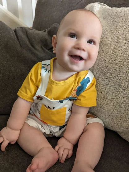 2PCS Toddler Baby Boy Cute Clothes Set New Summer Solid Tee Top and Dinosaur Printed Strap Pants Outfit for Boys 0 to 2Years