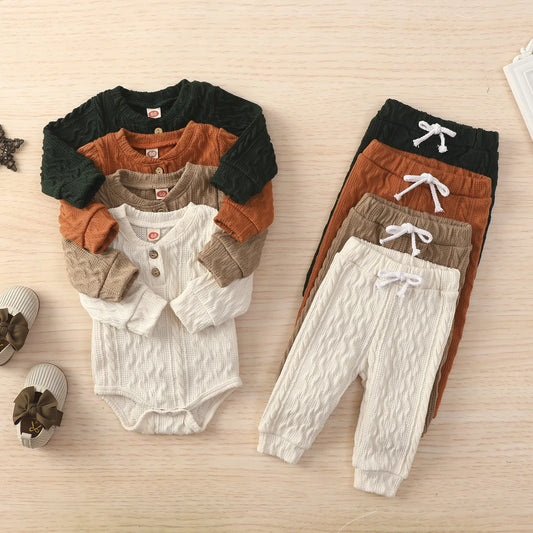Toddler Boys Romper Tops Pants Suit Long Sleeve Round Neck Trousers Twists Solid Color Outfit Casual Baby Home Clothes Set