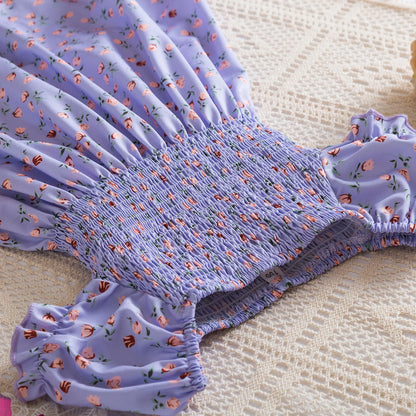 Kids Casual Dress for Girls Clothes 2024 New Summer Children Fashion White Floral Print Puff Sleeve Princess Dress 2-6 Years