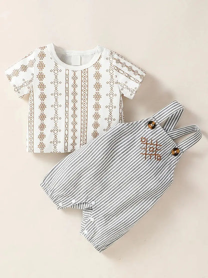 Baby Boy Clothes 2Pcs Short Sleeve Geometric Suspenders Suit For Summer Casual Wear