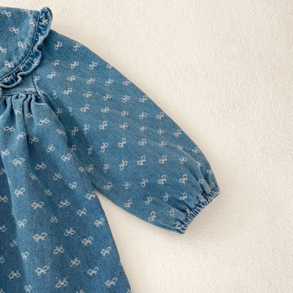 Spring and Autumn New Baby Clothing for 2-4 Years Old,   Baby GIRL  Dress, Bow Embroidered Long Sleeve Cowboy Skirt