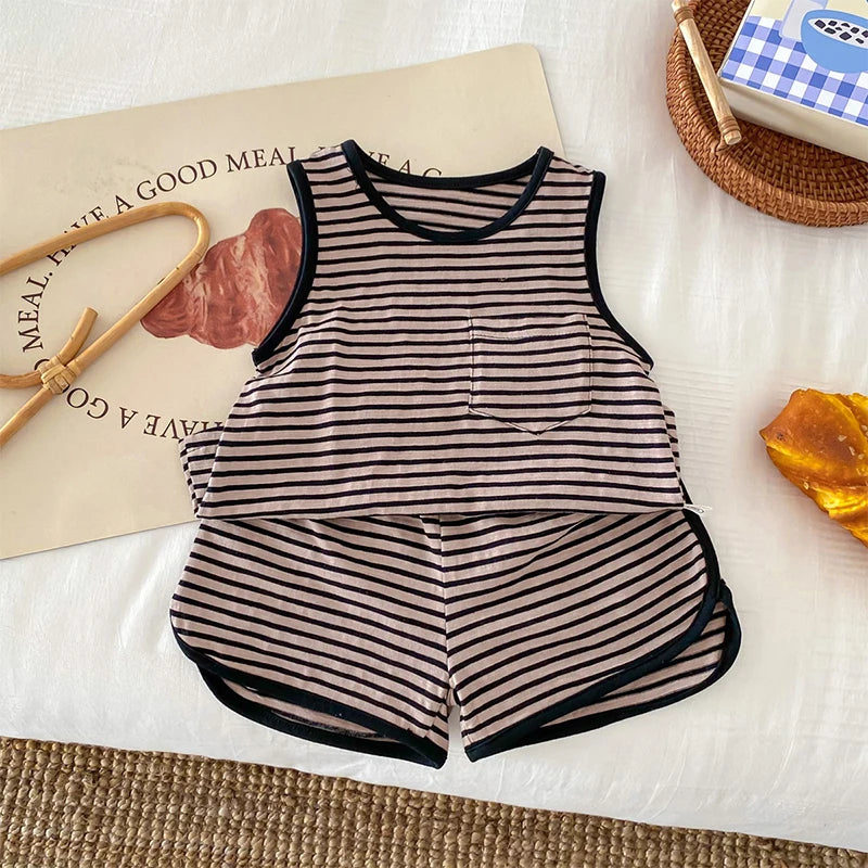 Kids Boy 2 Piece Outfits Solid Color/Stripe Print Sleeveless Tank Tops and Elastic Shorts Set Summer Clothes