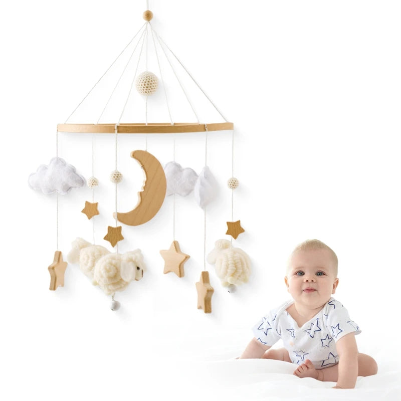 Crib Mobile Bed Bell Wooden Baby Rattles Soft Felt Cartoon Animal Bed Bell Newborn Music Box Hanging Toy Crib Bracket Baby Gifts