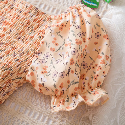 Kids Casual Dress for Girls Clothes 2024 New Summer Children Fashion White Floral Print Puff Sleeve Princess Dress 2-6 Years