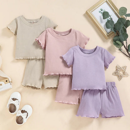 2025 Toddlers Baby Girls Summer Clothes Set Ruffle Ribbed Knit Short Sleeves T-Shirt Tops Shorts Casual Girls Outfits 2pcs