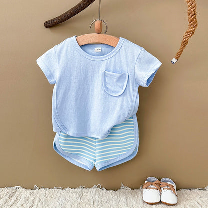Toddler Baby Summer Casual Clothes Sets Solid Color With Pocket T-shirt Tops+Striped Triangle Shorts Boys Girls Clothes 2Pcs/Set