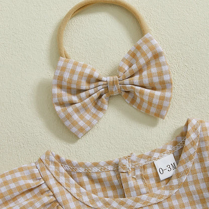 Baby Clothing Girls Romper + Headband Cotton Flying Sleeve Plaid Infant Rompers Jumpsuit Newborn Clothes
