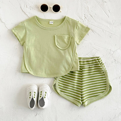 Toddler Baby Summer Casual Clothes Sets Solid Color With Pocket T-shirt Tops+Striped Triangle Shorts Boys Girls Clothes 2Pcs/Set