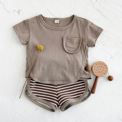 Toddler Baby Summer Casual Clothes Sets Solid Color With Pocket T-shirt Tops+Striped Triangle Shorts Boys Girls Clothes 2Pcs/Set
