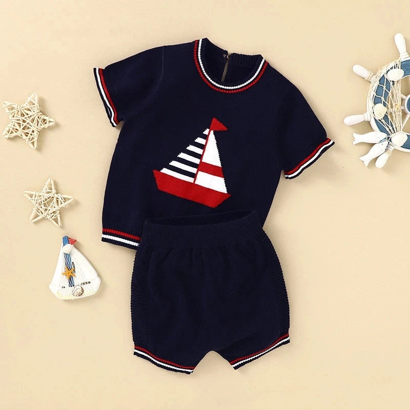Baby Clothes Infant Boy Knitted Clothing Sets Kids Spanish Boutique Costume Set Summer Toddler Shirt Shorts 2PCS Suit Boys Party