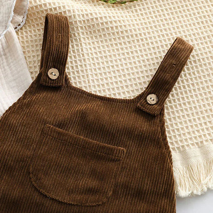 Infant Baby Girls Clothes Suit Long Sleeved Cotton Embroidered Shirt+Corduroy Jumpsuit Spring Autumn Children Clothing Suit