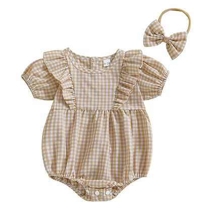 Baby Clothing Girls Romper + Headband Cotton Flying Sleeve Plaid Infant Rompers Jumpsuit Newborn Clothes
