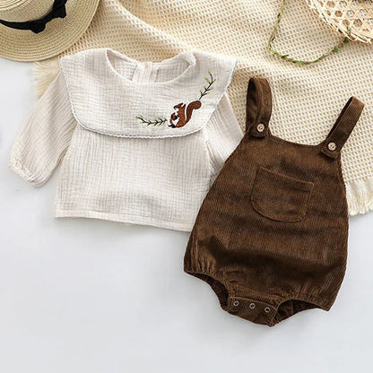 Infant Baby Girls Clothes Suit Long Sleeved Cotton Embroidered Shirt+Corduroy Jumpsuit Spring Autumn Children Clothing Suit