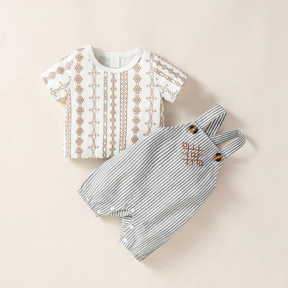 Baby Boy Clothes 2Pcs Short Sleeve Geometric Suspenders Suit For Summer Casual Wear