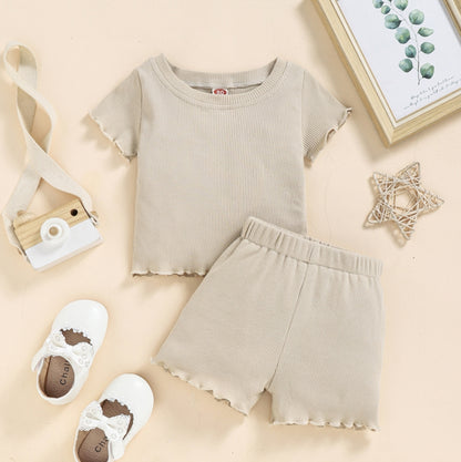 2025 Toddlers Baby Girls Summer Clothes Set Ruffle Ribbed Knit Short Sleeves T-Shirt Tops Shorts Casual Girls Outfits 2pcs