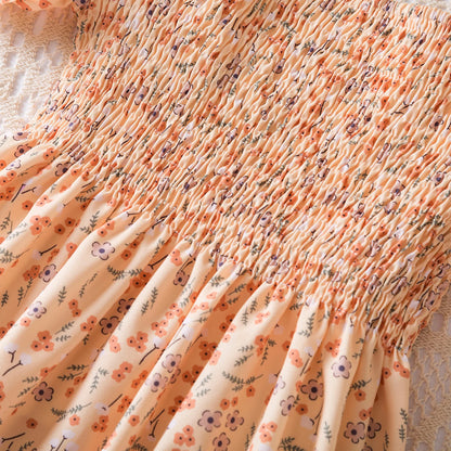 Kids Casual Dress for Girls Clothes 2024 New Summer Children Fashion White Floral Print Puff Sleeve Princess Dress 2-6 Years