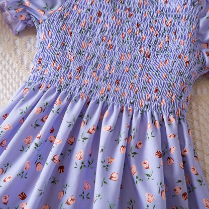 Kids Casual Dress for Girls Clothes 2024 New Summer Children Fashion White Floral Print Puff Sleeve Princess Dress 2-6 Years