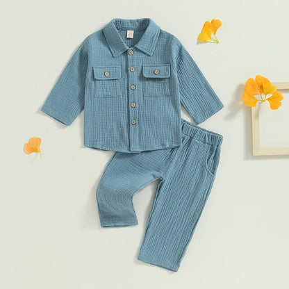 Toddler Boy Linen Outfit Baby Boy Fall Winter Clothes Set Button-Down Shirt Tops Cotton Linen Pants 2PCS