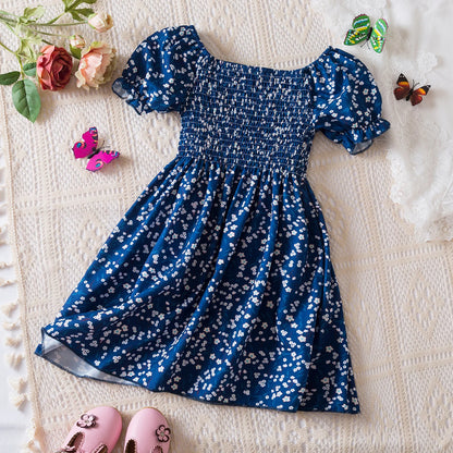 Kids Casual Dress for Girls Clothes 2024 New Summer Children Fashion White Floral Print Puff Sleeve Princess Dress 2-6 Years