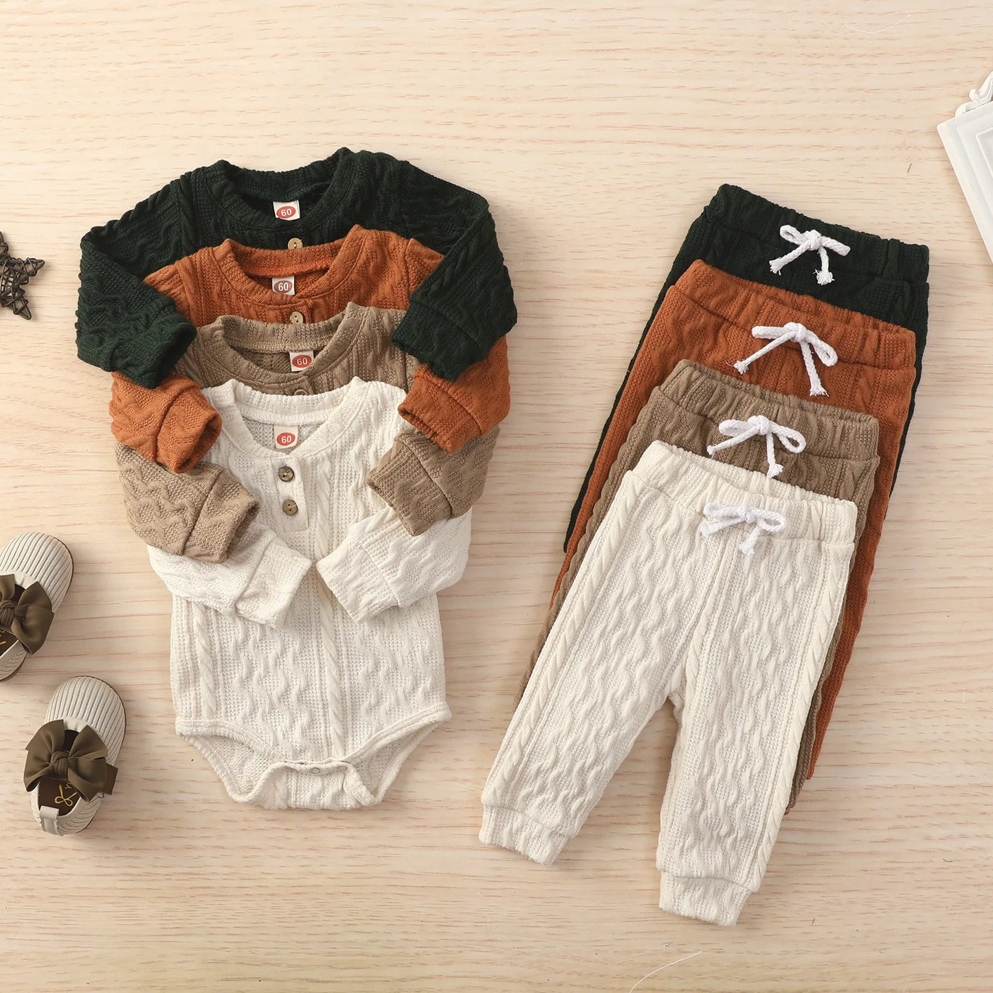 Toddler Boys Romper Tops Pants Suit Long Sleeve Round Neck Trousers Twists Solid Color Outfit Casual Baby Home Clothes Set