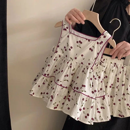 Kids Summer Clothing Set Girls Cherry Print Square Collar Loose Shirt+Elastic Waist Shorts 2-8Y Children 2Pcs Cute Clothes Suit