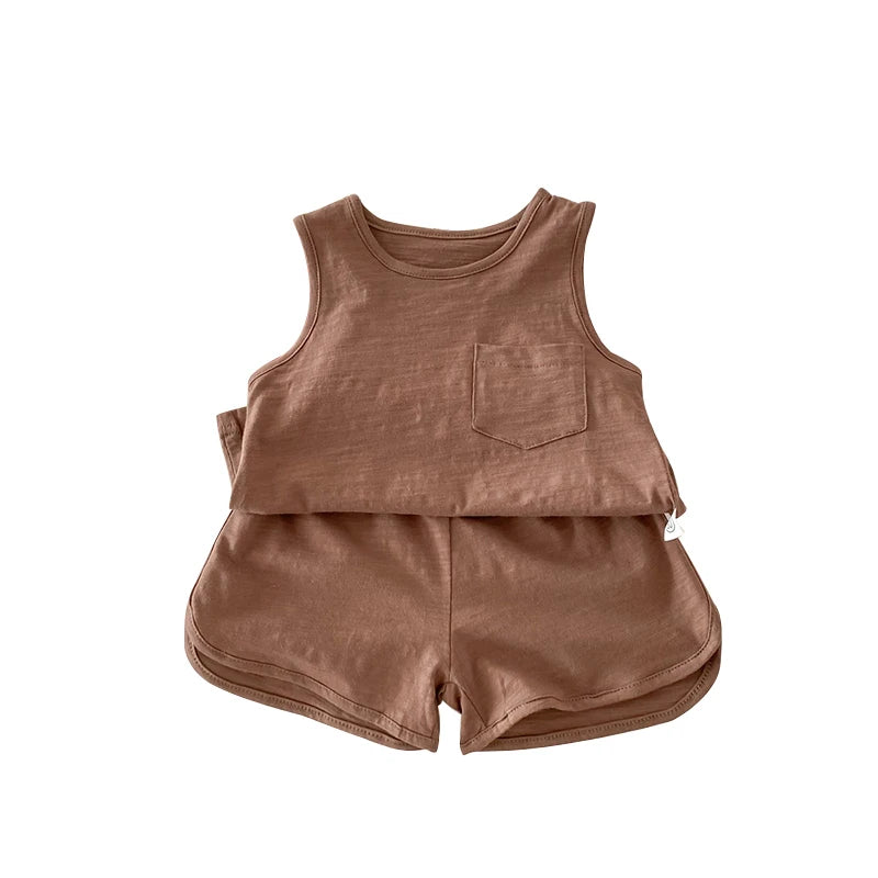 Kids Boy 2 Piece Outfits Solid Color/Stripe Print Sleeveless Tank Tops and Elastic Shorts Set Summer Clothes