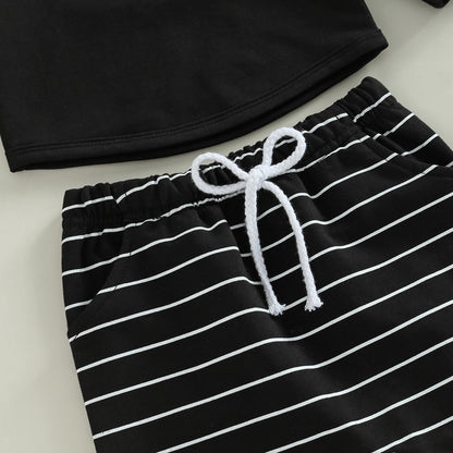 2PCS Toddler Boy Autumn Clothes Long Sleeve Round Neck Tops with Pocket Pullover and Stripe Trousers Tracksuit