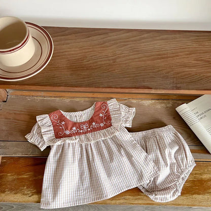 Toddler Baby Girl Suit Clothes Toddler Short Sleeves Shirt+PP Bread Shorts 2PCS Baby Girl Plaid Suit Baby Girl Summer Clothes