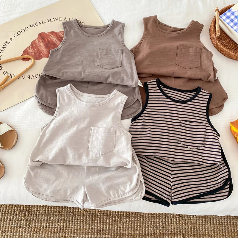 Kids Boy 2 Piece Outfits Solid Color/Stripe Print Sleeveless Tank Tops and Elastic Shorts Set Summer Clothes