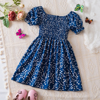Kids Casual Dress for Girls Clothes 2024 New Summer Children Fashion White Floral Print Puff Sleeve Princess Dress 2-6 Years