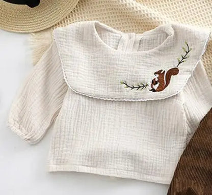 Infant Baby Girls Clothes Suit Long Sleeved Cotton Embroidered Shirt+Corduroy Jumpsuit Spring Autumn Children Clothing Suit