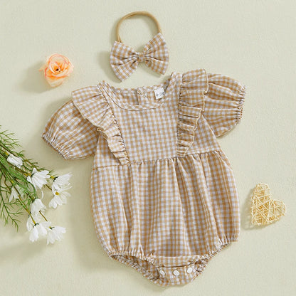 Baby Clothing Girls Romper + Headband Cotton Flying Sleeve Plaid Infant Rompers Jumpsuit Newborn Clothes