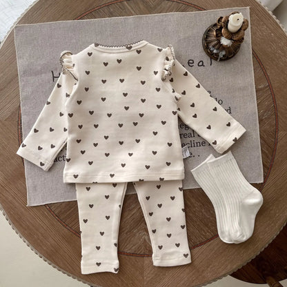 Spring/Autumn Baby Clothing Set 0-3 Year Old Girl Love Pattern Long Sleeve Long Pants 2-piece Set Pure Cotton Baby Outing Set