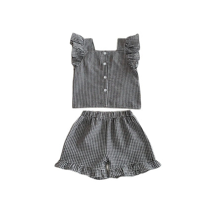 Korean Style Kids Outfit Baby Clothes Girls Summer Checkered Sleeveless Blouses + Shorts Two Piece Set 2-6yrs