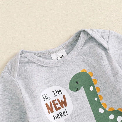 Baby Boy Dinosaur Clothes Hi Im New Here Newborn Outfit Long Sleeve Romper Top Pants Set 3Piece Outfits