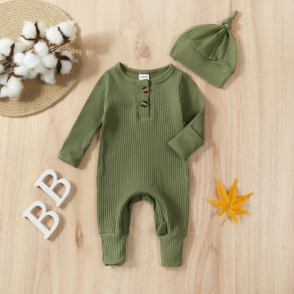 Baby Boy 2 Pieces Outfits Solid Color Ribbed Long Sleeve Romper Jumpsuit with Hat for Infant Toddler Fall Clothes