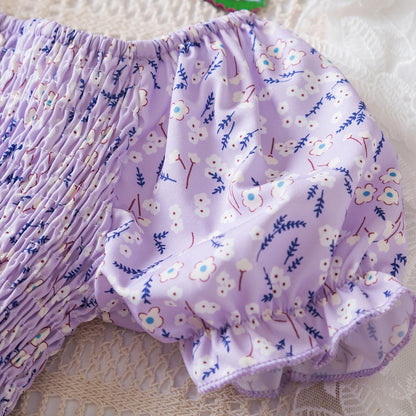 Kids Casual Dress for Girls Clothes 2024 New Summer Children Fashion White Floral Print Puff Sleeve Princess Dress 2-6 Years