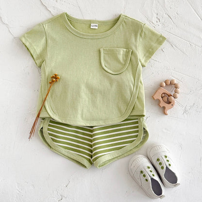 Toddler Baby Summer Casual Clothes Sets Solid Color With Pocket T-shirt Tops+Striped Triangle Shorts Boys Girls Clothes 2Pcs/Set