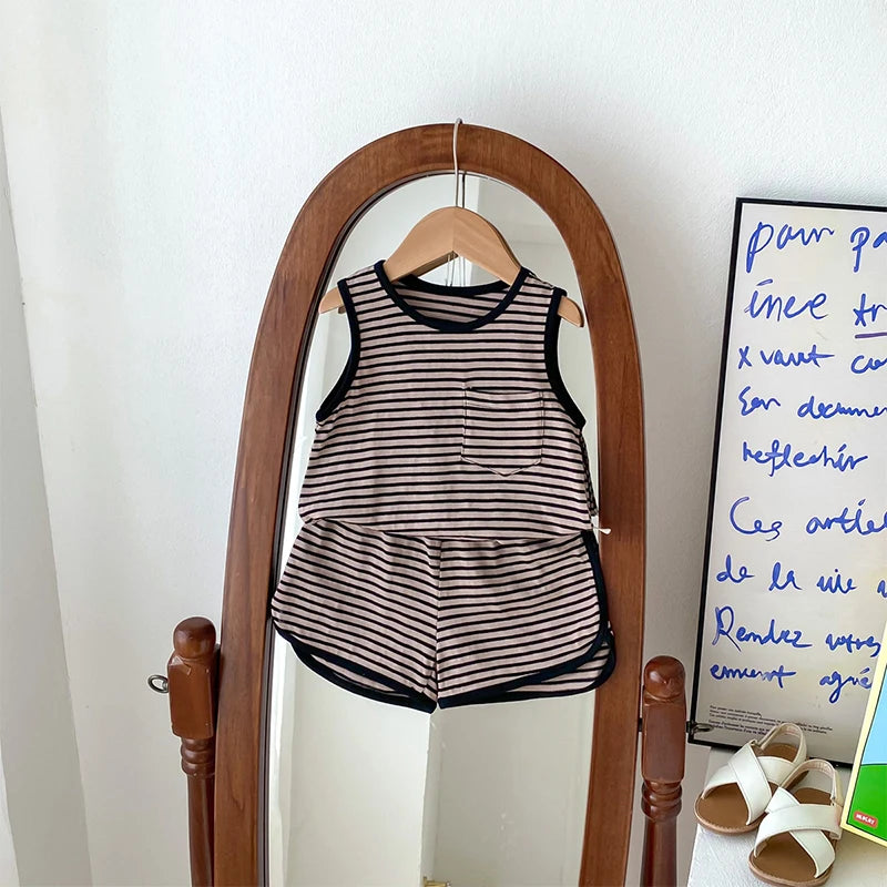 Kids Boy 2 Piece Outfits Solid Color/Stripe Print Sleeveless Tank Tops and Elastic Shorts Set Summer Clothes