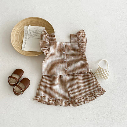 Korean Style Kids Outfit Baby Clothes Girls Summer Checkered Sleeveless Blouses + Shorts Two Piece Set 2-6yrs