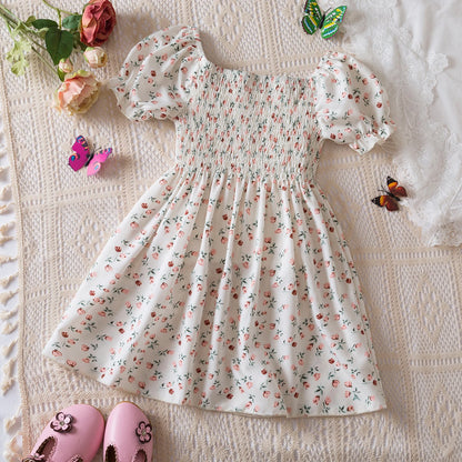 Kids Casual Dress for Girls Clothes 2024 New Summer Children Fashion White Floral Print Puff Sleeve Princess Dress 2-6 Years
