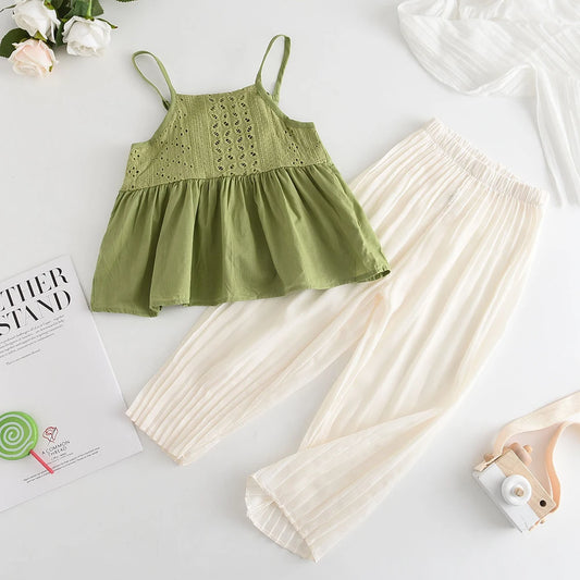 Toddler Girls Suit 2023 New Summer Hollow Suspender Top + Solid Color Trousers Fashion Suit Soft Clothes 2-7 Years