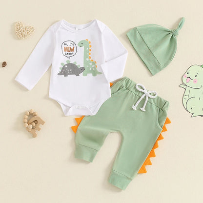 Baby Boy Dinosaur Clothes Hi Im New Here Newborn Outfit Long Sleeve Romper Top Pants Set 3Piece Outfits