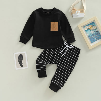 2PCS Toddler Boy Autumn Clothes Long Sleeve Round Neck Tops with Pocket Pullover and Stripe Trousers Tracksuit
