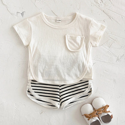 Toddler Baby Summer Casual Clothes Sets Solid Color With Pocket T-shirt Tops+Striped Triangle Shorts Boys Girls Clothes 2Pcs/Set
