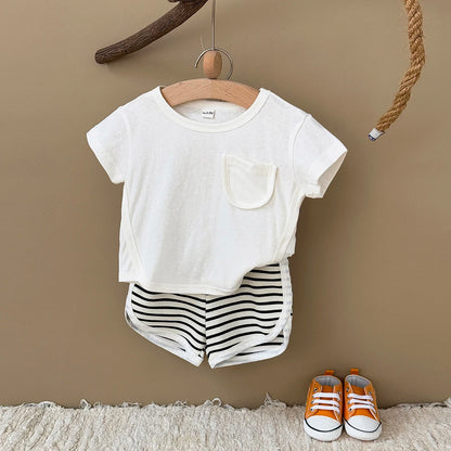 Toddler Baby Summer Casual Clothes Sets Solid Color With Pocket T-shirt Tops+Striped Triangle Shorts Boys Girls Clothes 2Pcs/Set